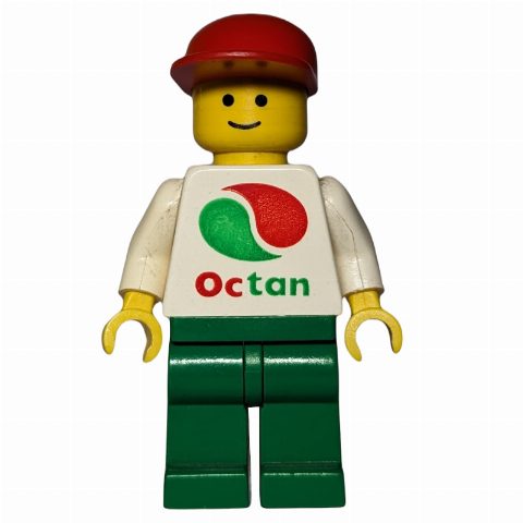 Minifigurka Man, White Top with Large Octan Logo, Green Legs, Red Cap