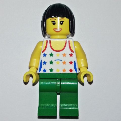 Minifigurka Woman, White Vest with Stars, Green Legs, Black Hair
