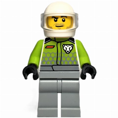 Minifigurka Race Driver, Lime Jacket, Light Bluish Gray Legs, White Helmet