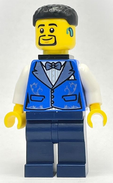 Minifigurka Bass Player - Blue Torso, Dark Blue Legs, Black Hair, Black Neck Bracket