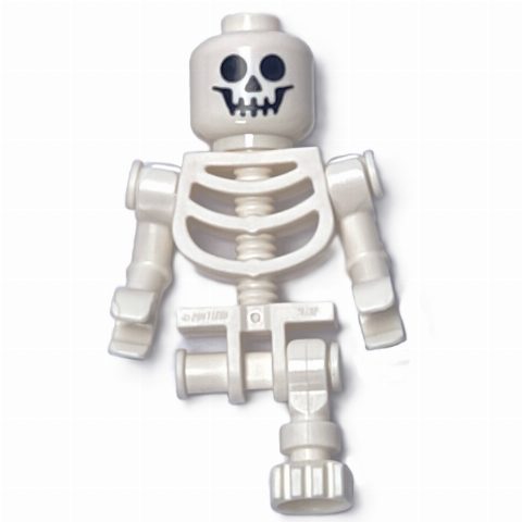 Minifigurka Skeleton, Standard Face, Bent Arms, Vertical Hand Clips, 78132 Torso, Missing Right Leg