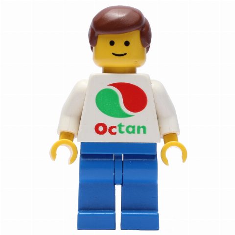 Minifigurka Man, White Top with Large Octan Logo, Blue Legs, Reddish Brown Hair