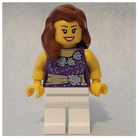 Minifigurka Dark Purple Torso, White Legs, Reddish Brown Hair