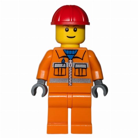 Minifigurka Construction Worker, Orange Jacket with Zipper and Reflective Stripes, Orange Legs, Red Hard Hat, Brown Eyebrows