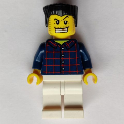 Minifigurka Man, Dark Blue Plaid Shirt, White Legs, Black Hair, Gold Tooth