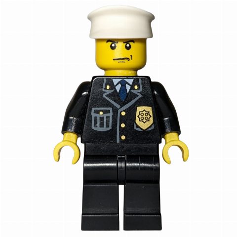 Minifigurka Policeman, Black Suit with Badge, White Hat, Scowl