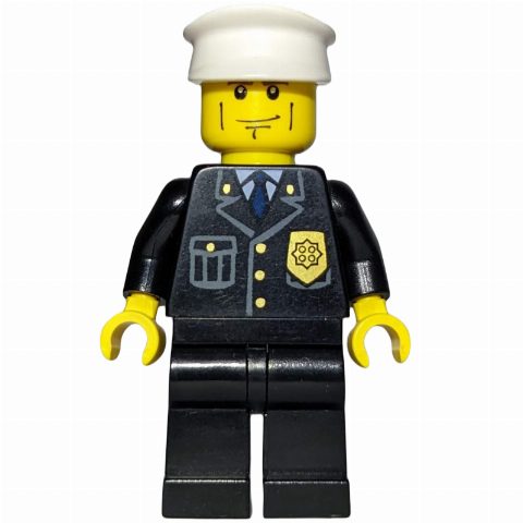 Minifigurka Policeman, Black Suit with Badge, White Hat, Cheek Lines, Brown Eyebrows
