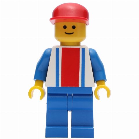 Minifigurka Man - White Torso with Blue/Red Stripes, Blue Legs, Red Cap