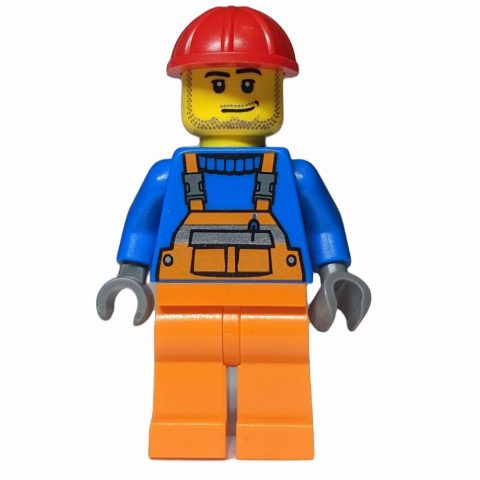Minifigurka Worker, Orange Overalls over Blue Sweater, Red Hard Hat (3626b Head)