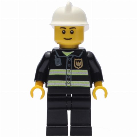 Minifigurka Fireman, Black Fire Jacket with Reflective Stripes, Radio, and Badge, White Helmet