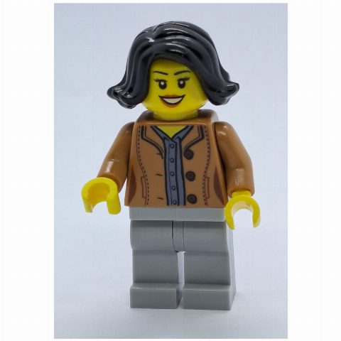 Minifigurka Woman, Medium Nougat Jacket, Light Bluish Gray Legs, Black Hair