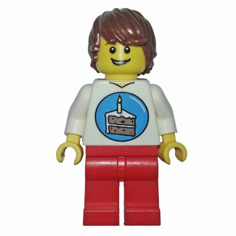 Minifigurka Birthday Boy - White Torso, Red Legs, Reddish Brown Hair