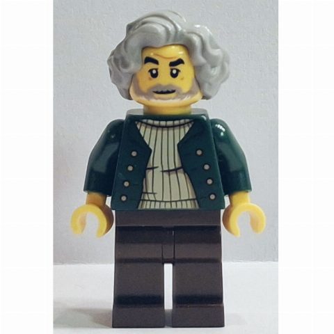 Minifigurka Pianist, Dark Green Torso, Dark Brown Legs, Light Bluish Grey Hair