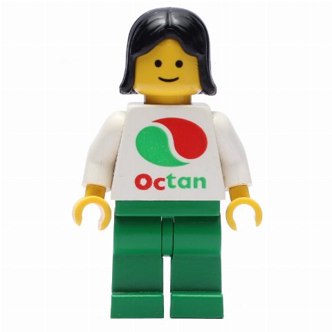 Minifigurka Woman, White Top with Large Octan Logo, Green Legs, Black Hair