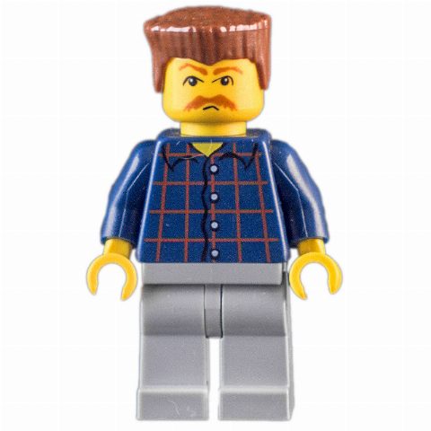 Minifigurka Man, Dark Blue Plaid Shirt, Light Bluish Gray Legs, Reddish Brown Hair, Moustache