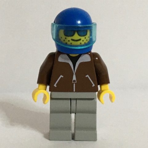 Minifigurka Man, Brown Jacket, Light Gray Legs, Blue Helmet with Visor, Blue Visor