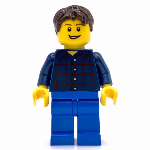 Minifigurka Man, Dark Blue Plaid Shirt, Blue Legs, Dark Brown Hair (3626c Head)