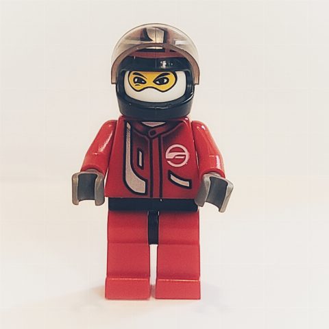 Minifigurka Race Driver, Red Torso, Red Legs, Black Helmet, Zonic