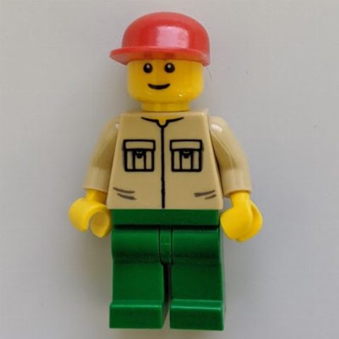 Minifigurka Man, Tan Shirt with Pockets, Green Legs, Red Cap