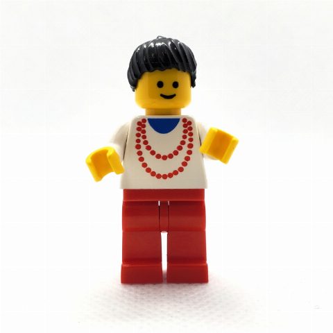 Minifigurka Woman - White Torso, Yellow Necklace, Red Legs, Black Hair