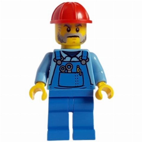 Minifigurka Construction Worker - Bright Light Blue Shirt, Blue Overall, Red Helmet (Pete Precise)