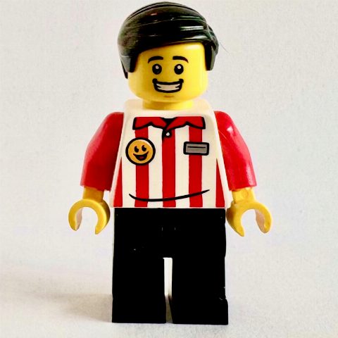 Minifigurka Popcorn Seller, White/Red Torso, Black Legs, Black Hair