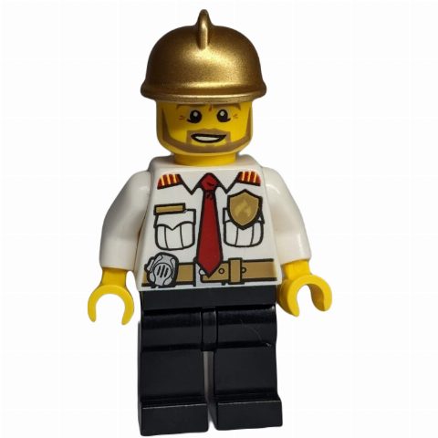 Minifigurka Fireman, White Shirt with Red Tie, Badge, and Radio on Belt, Gold Helmet, Beard