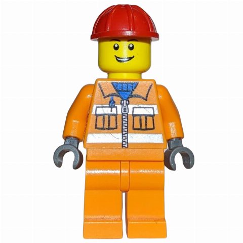 Minifigurka Worker - Orange Torso, Orange Legs, Red Helmet