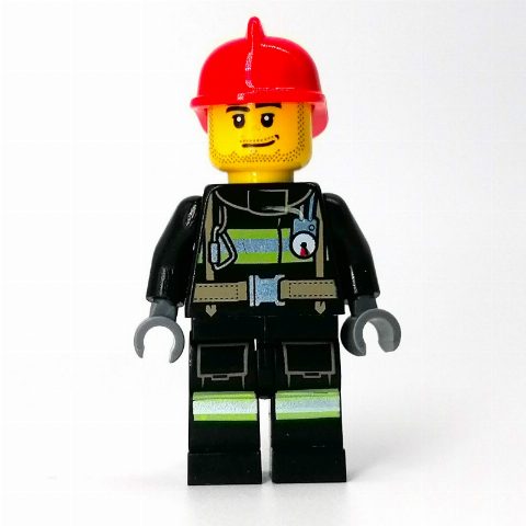 Minifigurka Firefighter, Black Torso, Black Legs, Red Helmet