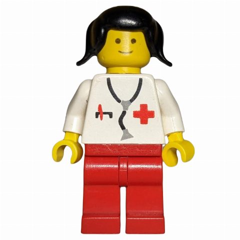 Minifigurka Doctor, Woman, White Torso with Stethoscope and Red Cross, Red Legs, Black Hair (3626b Head)