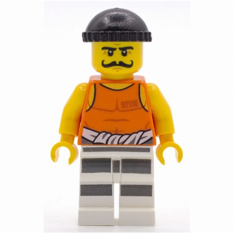 Minifigurka Criminal Simon Sin, Orange Vest with #92116 and Waist Tied Prison Shirt, Black Hat, Moustache