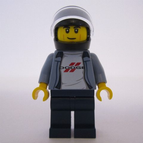 Minifigurka Race Driver, Sand Blue Torso, Dark Blue Legs, Black Helmet, Dodge