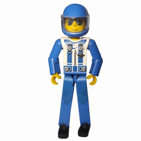 Minifigurka Technic Figure Blue Legs, White Top with Zip & Shoulder Harness Print, Blue Arms - Blue Helmet