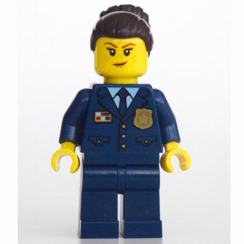 Minifigurka Policewoman, Dark Blue Suit and Tie, Dark Brown Bun Hair