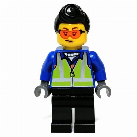 Minifigurka Blue Torso, Black Legs, Black Hair, Orange Sun Glasses