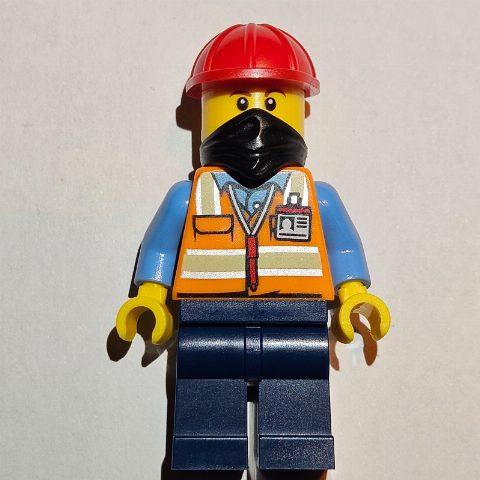 Minifigurka Construction Worker - Orange Torso, Dark Blue Legs, Red Helmet, Black Bandana