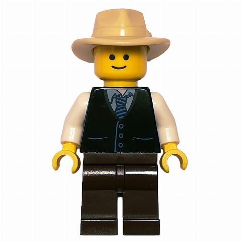 Minifigurka Black Torso Jacket, Dark Brown Legs, Tan Hat