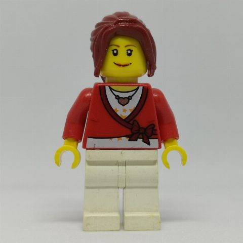 Minifigurka Woman, Cardigan Tied with Bow and Necklace, White Legs, Dark Red Hair