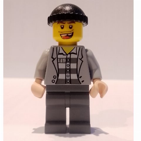 Minifigurka Criminal, Open Light Bluish Gray Jacket over Prison Shirt, Light Bluish Gray Legs, Black Hat, Missing Tooth