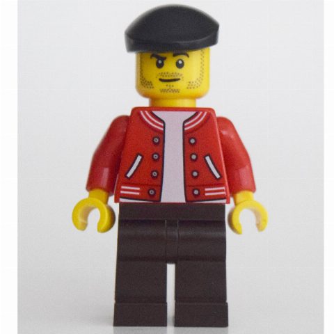 Minifigurka Man, Red Letterman Jacket, Dark Brown Legs, Black Beret