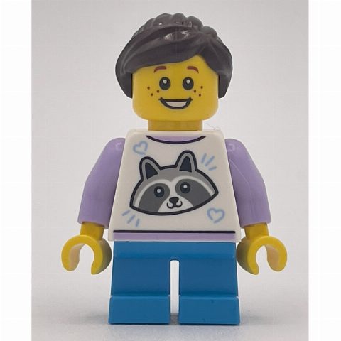 Minifigurka Kid, White Torso, Dark Azure Legs, Dark Brown Hair