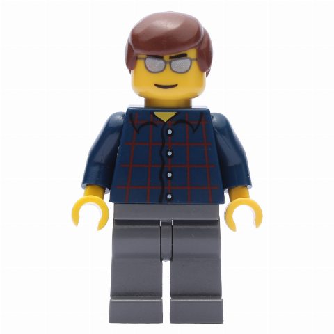 Minifigurka Man, Dark Blue Plaid Shirt, Dark Bluish Gray Legs, Silver Sunglasses