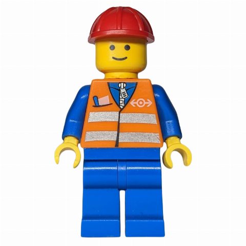Minifigurka Worker - Orange Torso, BLue Legs, Red Helmet