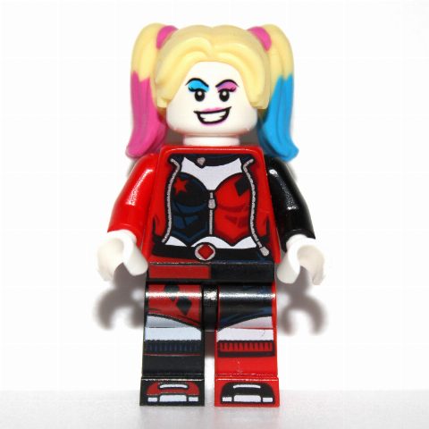 Minifigurka Harley Quinn in Black and Red Jester Outfit, Bright Light Yellow Hair with Magenta and Azure Highlights