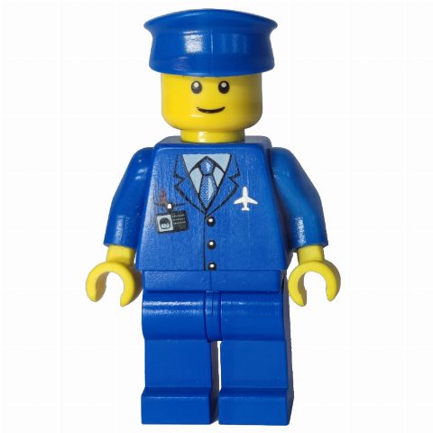 Minifigurka Pilot, Blue Jacket with Plane Logo and Blue Tie, Blue Legs, Blue Hat, Smile, Black Eyebrows