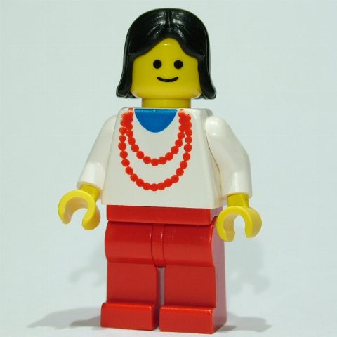 Minifigurka Woman, White Top with Red Necklace, Red Legs, Black Hair (3626b Head)