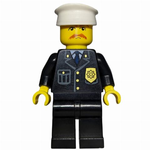 Minifigurka Policeman, Black Suit with Badge, White Hat, Mustache and Glasses