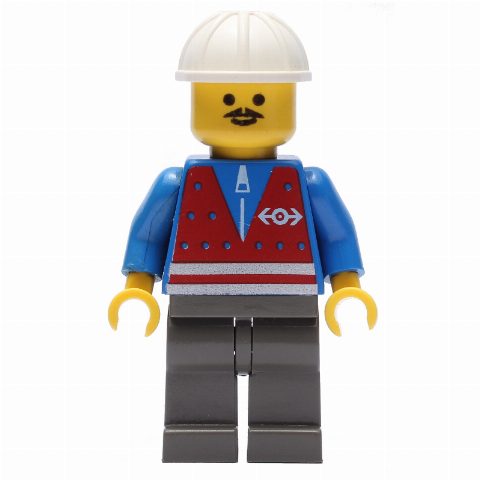 Minifigurka Train Worker - Red Vest, Dark Gray Legs, White Helmet, Moustache