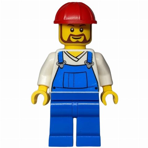 Minifigurka White Torso, Blue Overall, Red Helmet