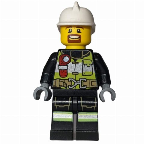 Minifigurka Fireman, Safety Vest with Flashlight, Pocket, and Belt, White Helmet, Goatee Beard